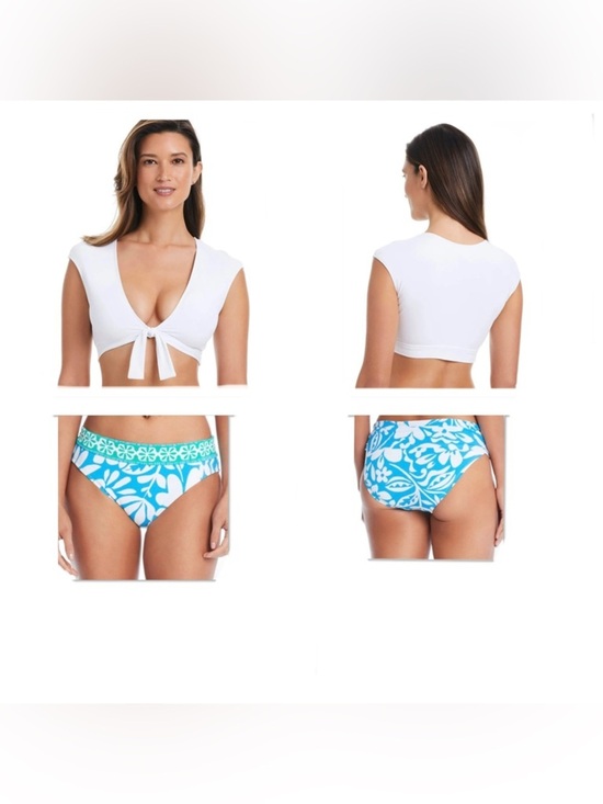 Bleu Rod Beattie Other - Blue Rod Beattie White Tie-Front Swim Top & Blue Floral High-Waist Bikini Bottom